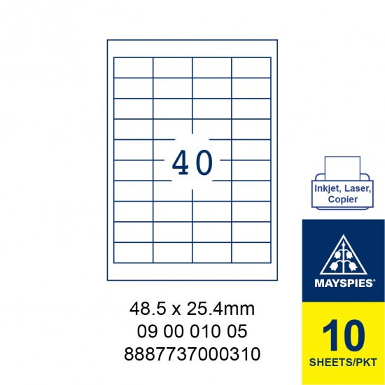 MAYSPIES 09 00 010 05 LABEL FOR INKJET / LASER / COPIER 10 SHEETS/PKT WHITE  48.5 X 25.4MM